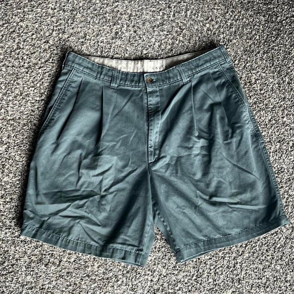 Savane Process 2000 Mens Pleated Chino Shorts Green 100% Cotton Size 34